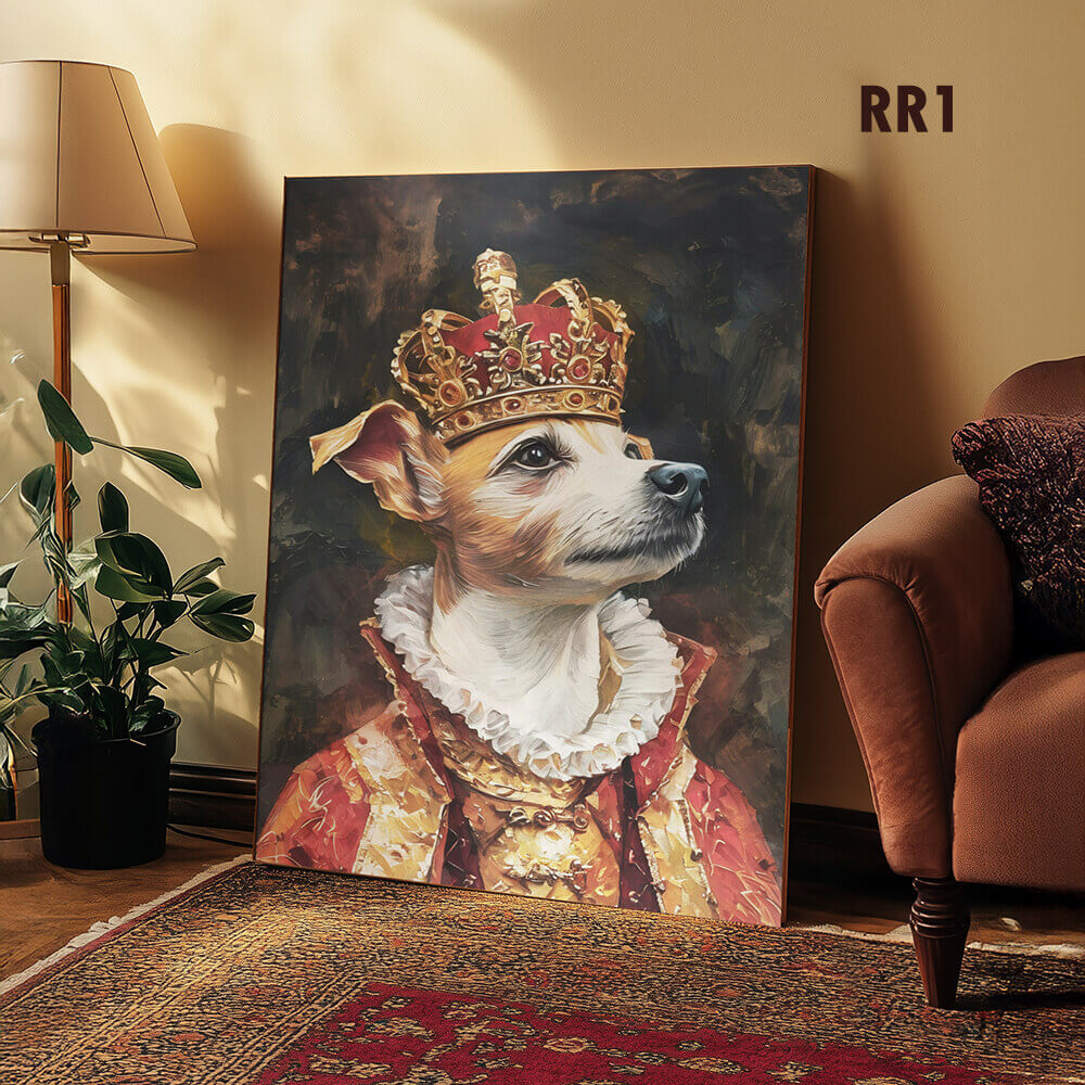 Canvas print of a dog wearing a crown in a regal outfit on a wall in a room with a lamp and plant.