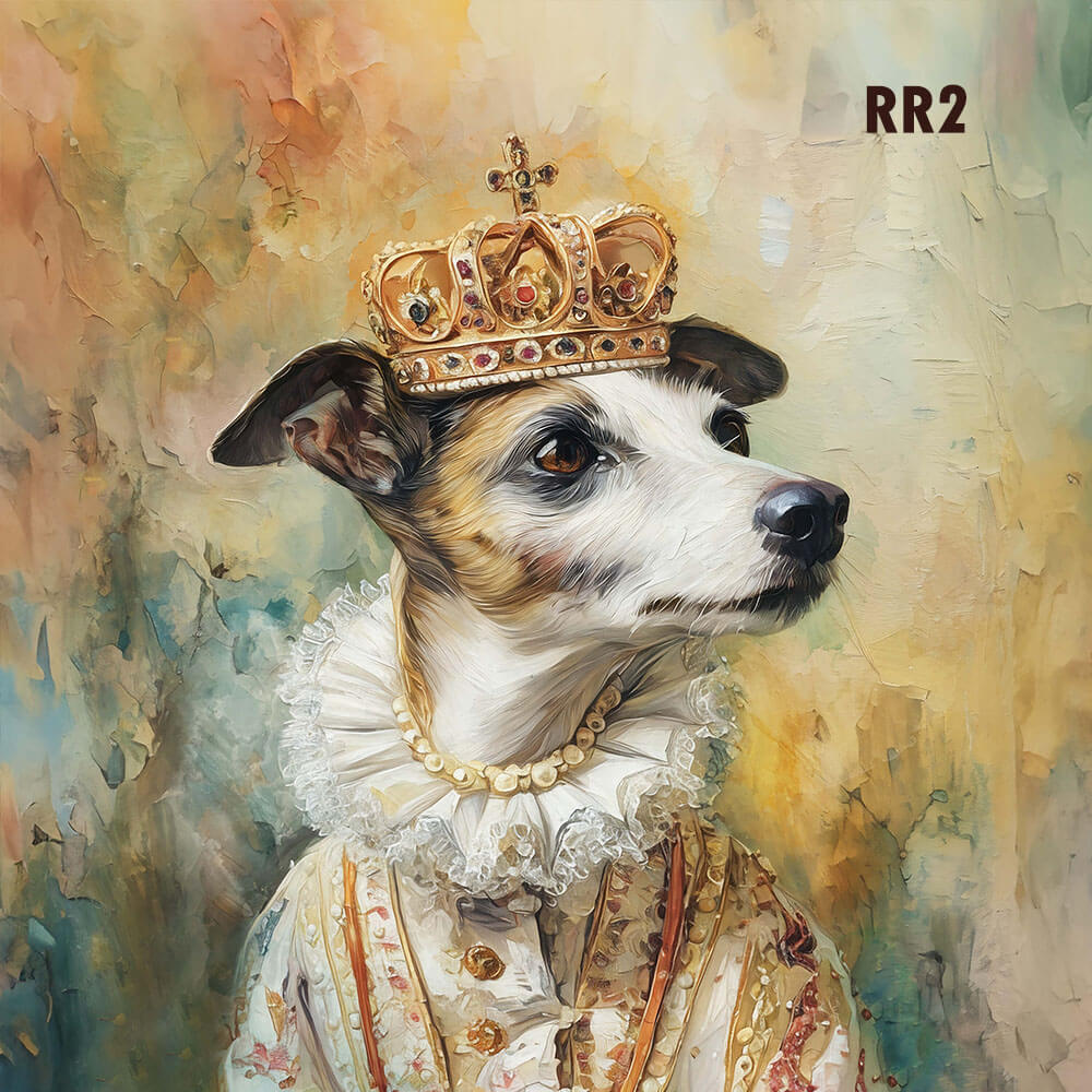 Dog in regal attire with a crown on an abstract background