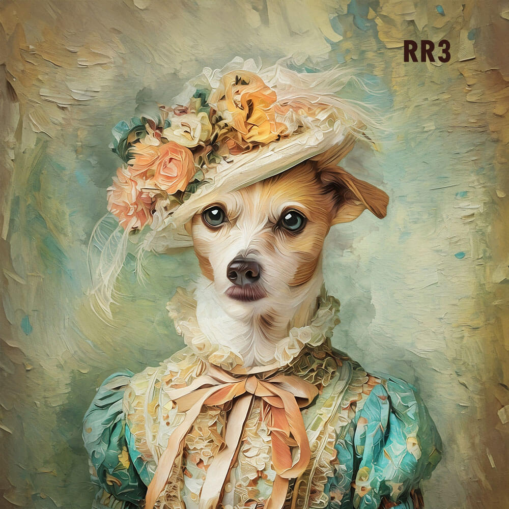 Dog wearing a vintage outfit with a floral hat against an artistic background