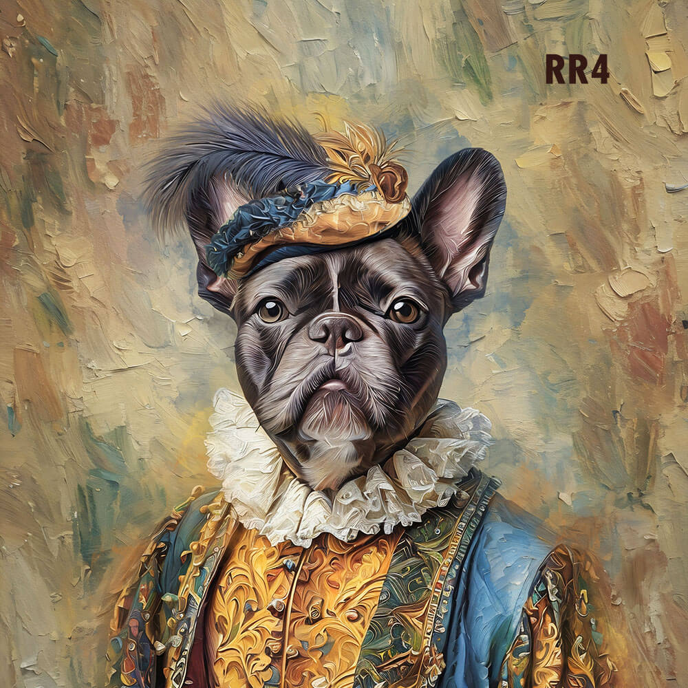 Dog in Renaissance-style clothing with a textured background