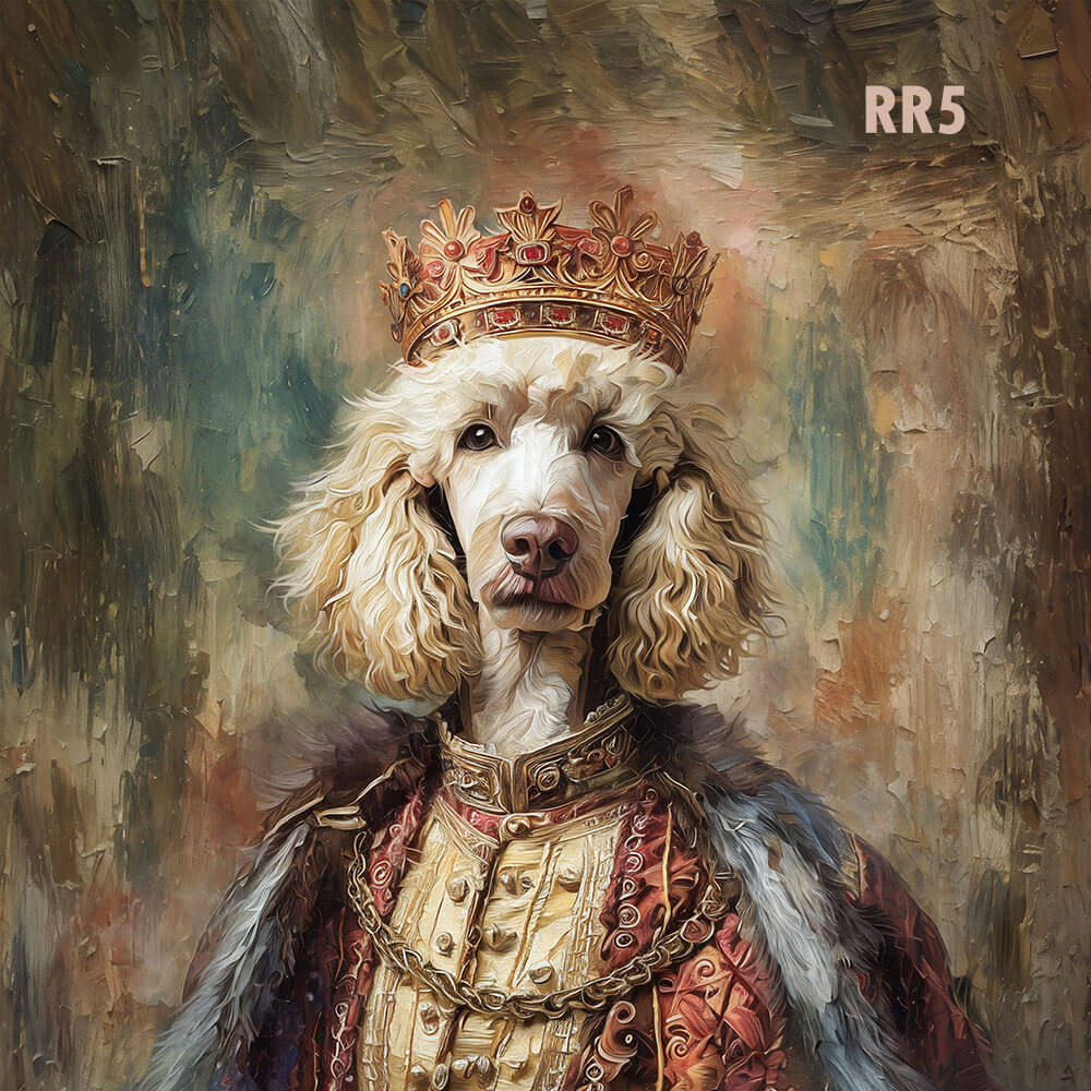 Dog wearing a crown and ornate clothing against a textured background
