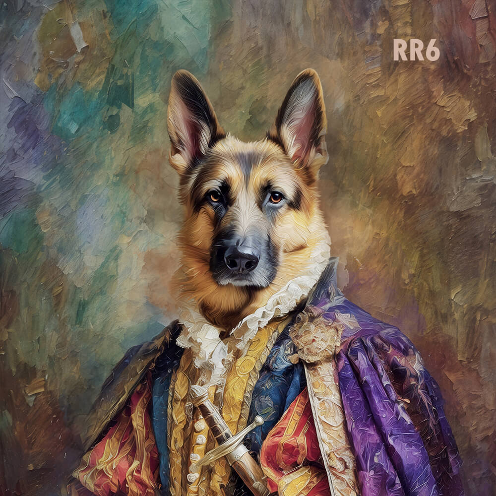 Dog in regal attire with a colorful, textured background