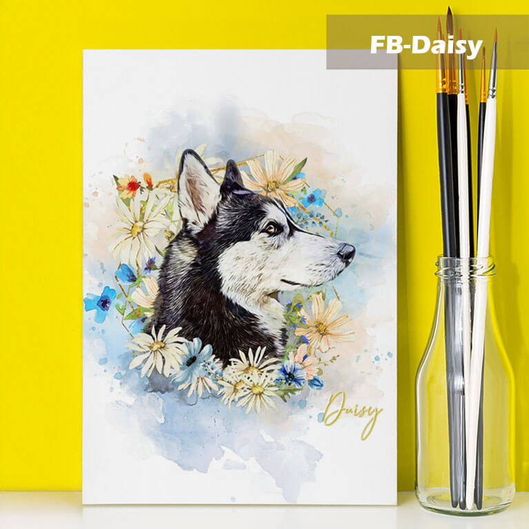 Painting of a dog surrounded by flowers with paintbrushes on a yellow background