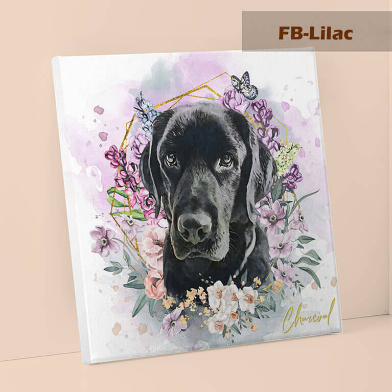 Canvas print with a black dog surrounded by flowers and butterflies on a beige background