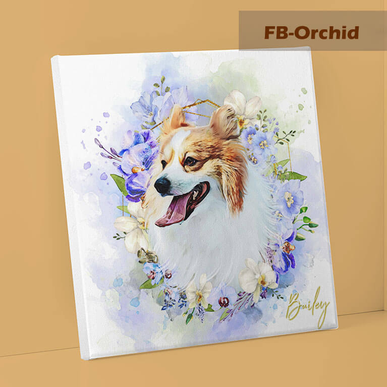 Canvas print of a dog surrounded by flowers with 'FB-Orchid' branding.