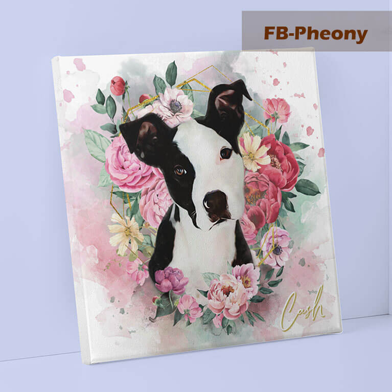 Canvas print of a black and white dog surrounded by pink flowers on a light purple background.