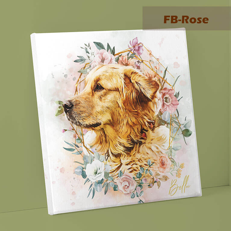 Canvas print with a dog's face surrounded by flowers on a green background