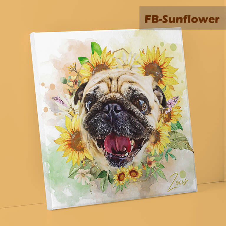 Book cover with a pug surrounded by sunflowers on a yellow background