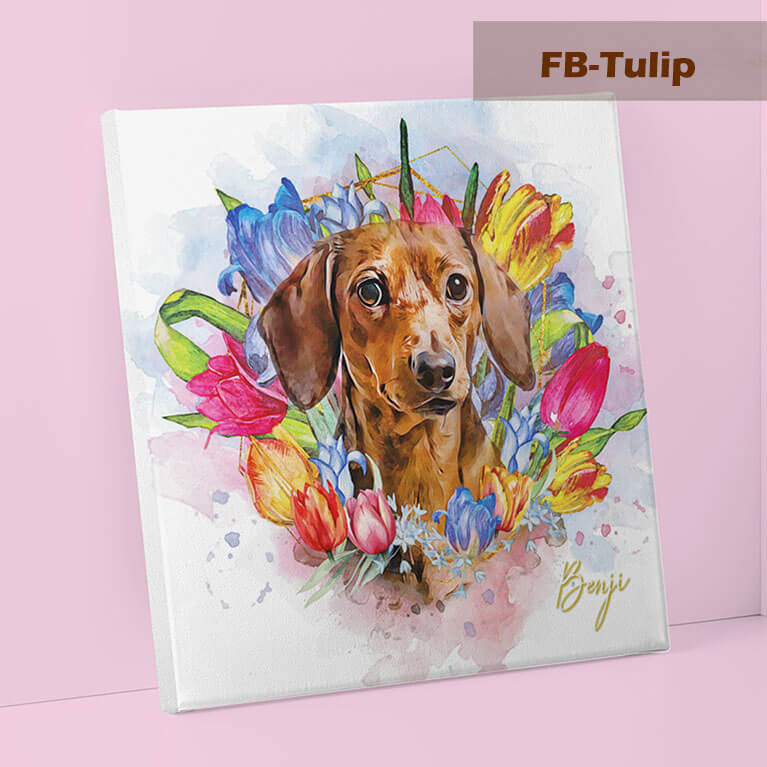 Canvas print with a dachshund surrounded by colorful tulips on a pink background