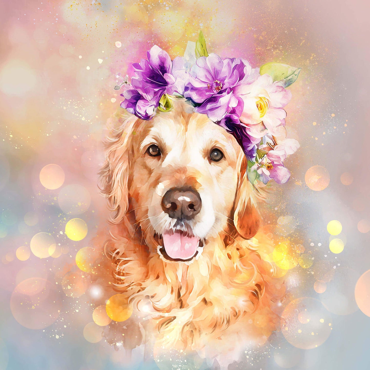 Dog wearing a floral crown with a colorful, blurred background