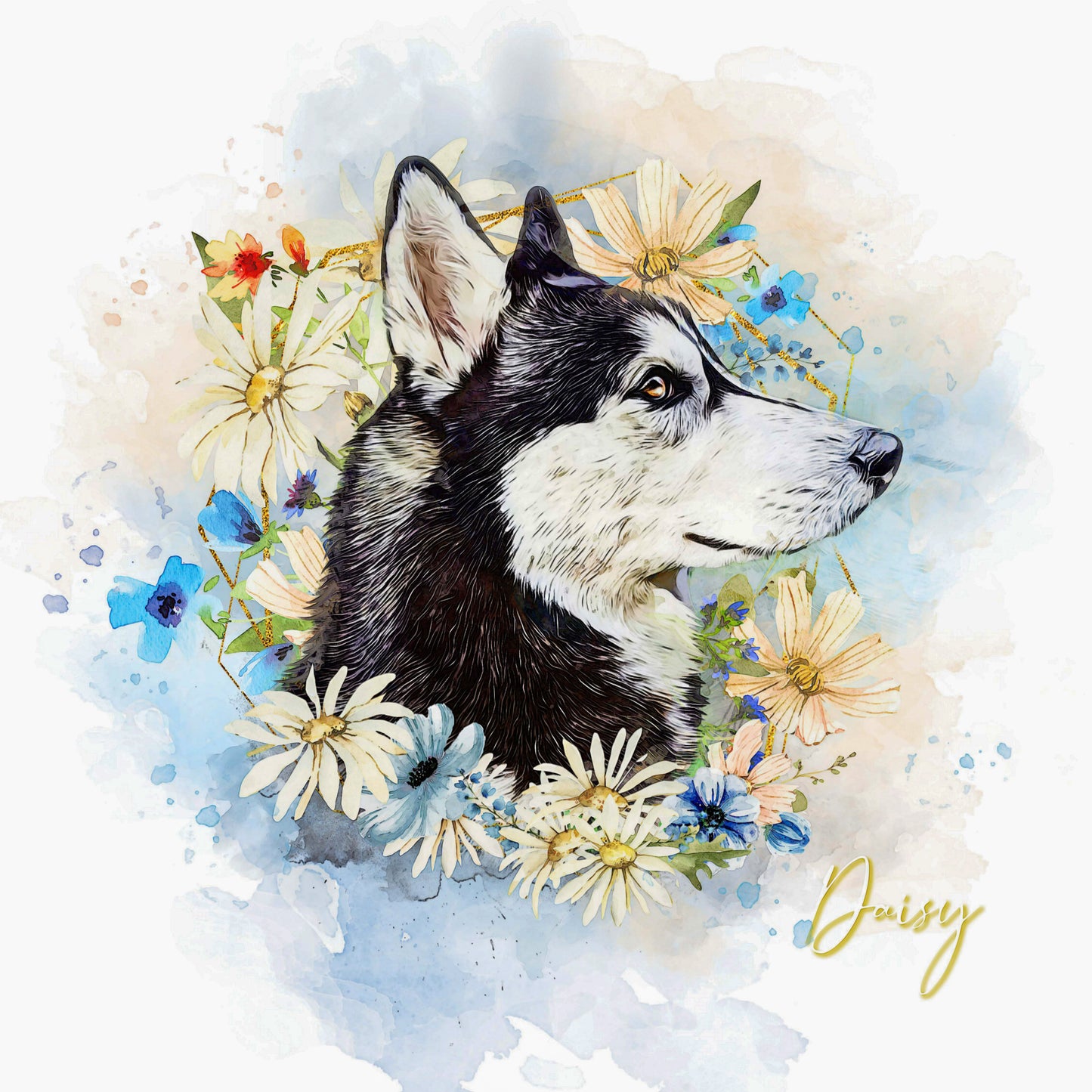 PAWSS - Watercolor pet portrait | Husky dog floral art