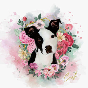 PAWSS - Watercolor pet portrait | American bulldog floral art 