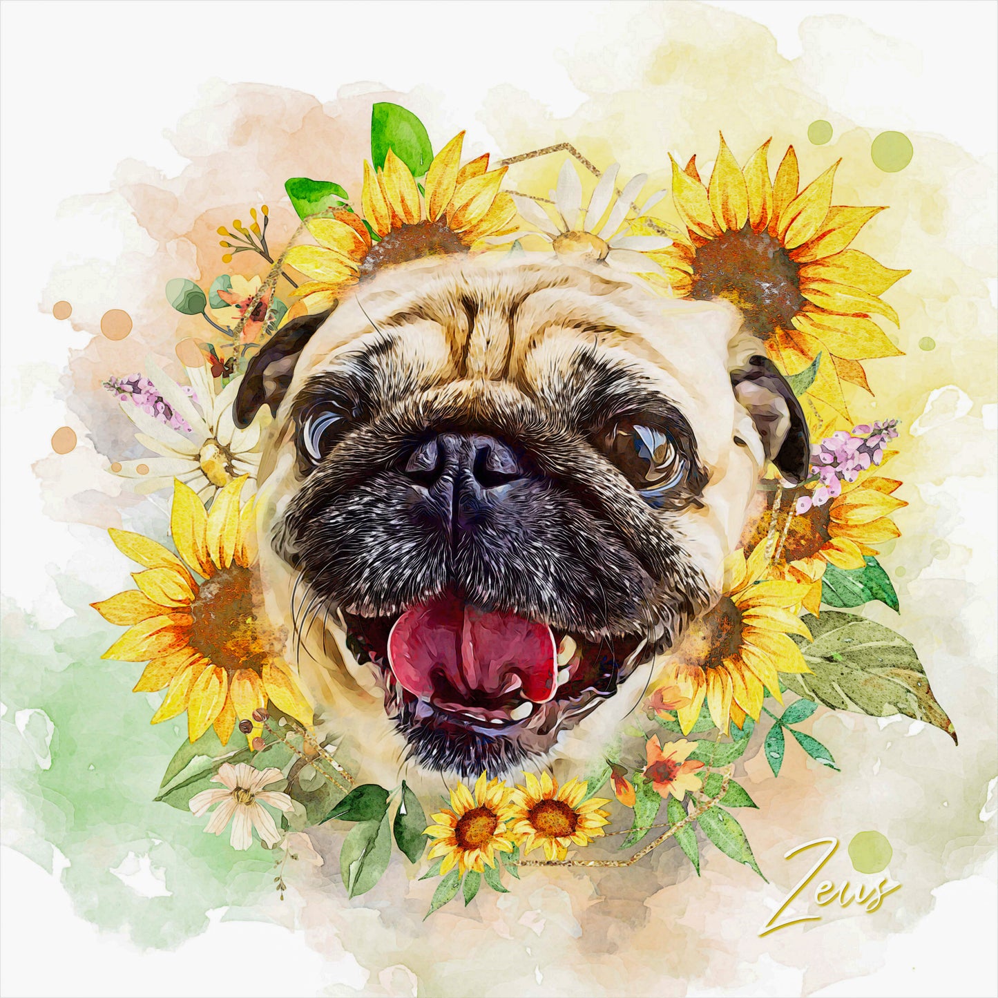 PAWSS - Watercolor pet portrait | Pug dog floral art