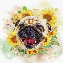 Load image into Gallery viewer, PAWSS - Watercolor pet portrait | Pug dog floral art 