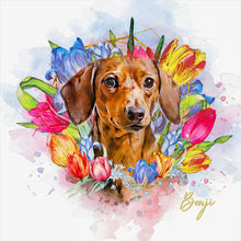 Load image into Gallery viewer, PAWSS - Watercolor pet portrait | Dachshund dog floral art 