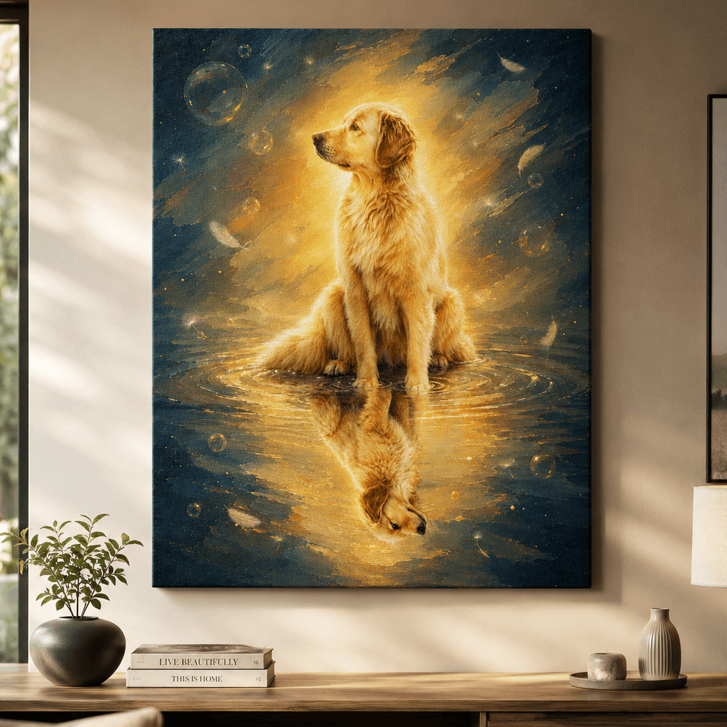 A large vertical canvas wall art print depicting a golden retriever sitting in reflective water with a glowing gold aura, displayed on a beige wall above a wooden console table with a plant and books.
