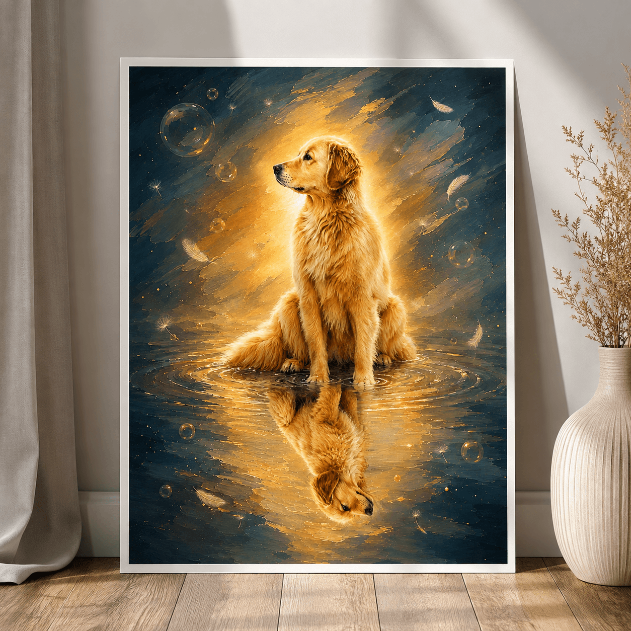 A framed vertical art print featuring a golden retriever sitting in reflective water with a glowing golden aura and dark blue space-like background, displayed leaning against a wall on a wood floor beside a vase.