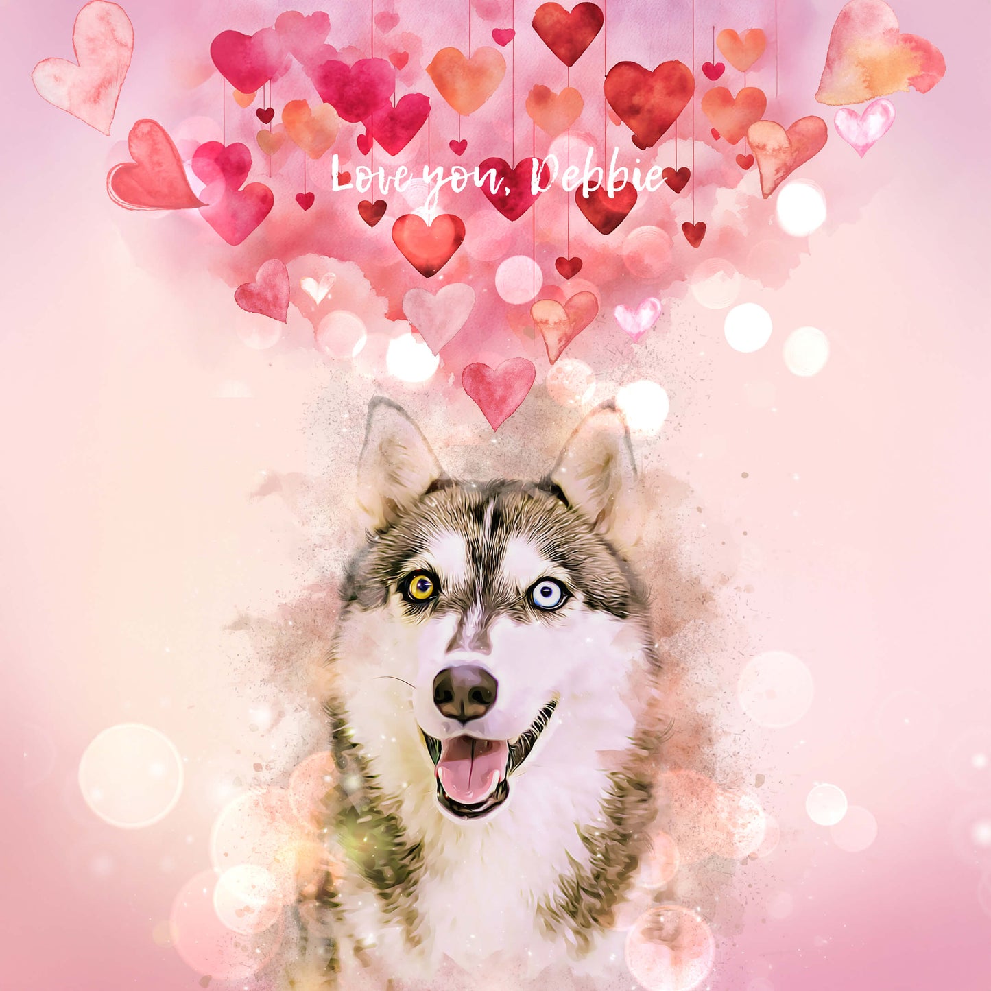 Dog with heart-shaped balloons and 'Love you, Debbie' text on a pink background