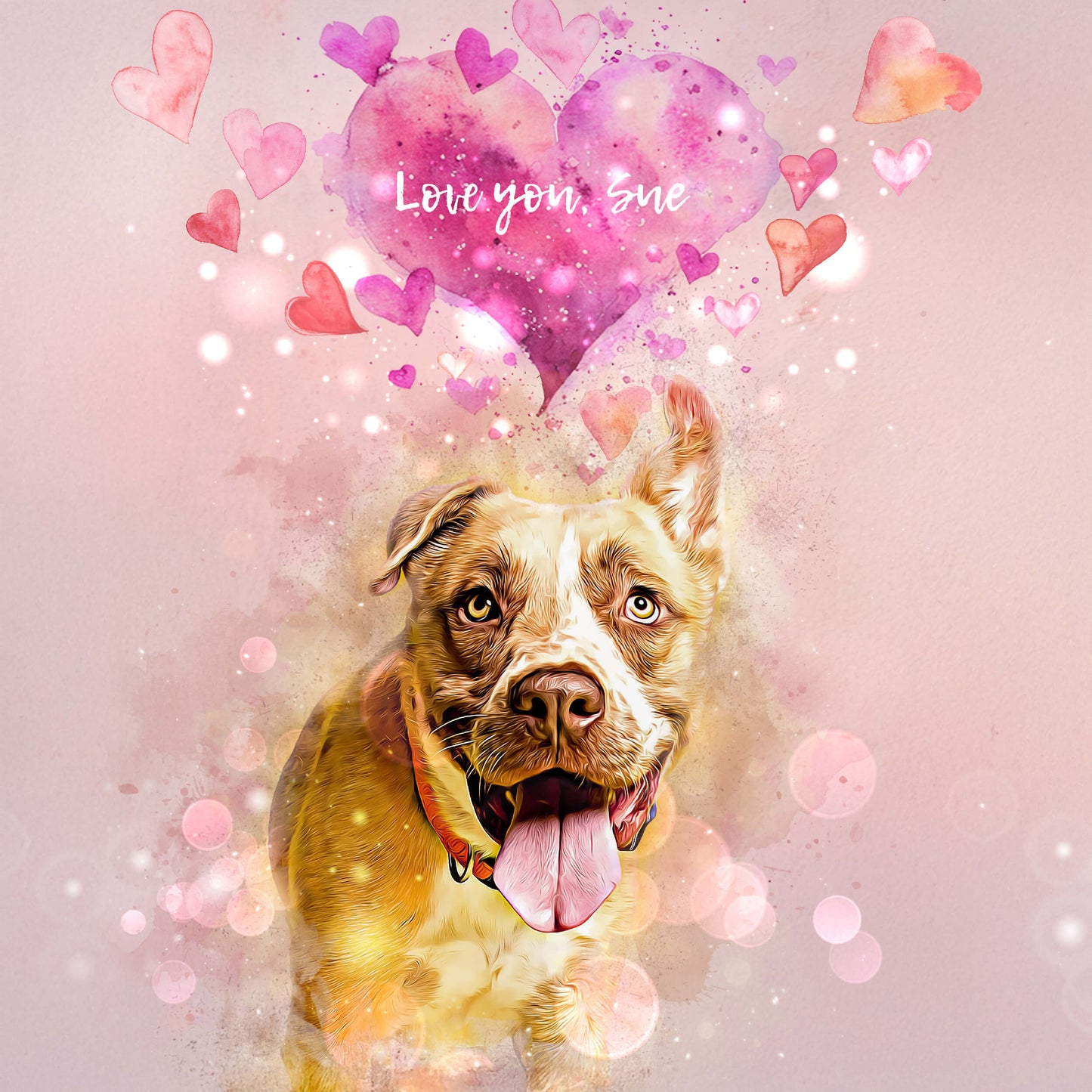 Dog with pink hearts and 'Love you, Sue' text on a soft pink background