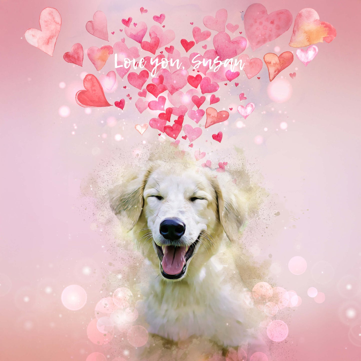 Dog with pink hearts and 'Love you, Susan' text on a soft pink background