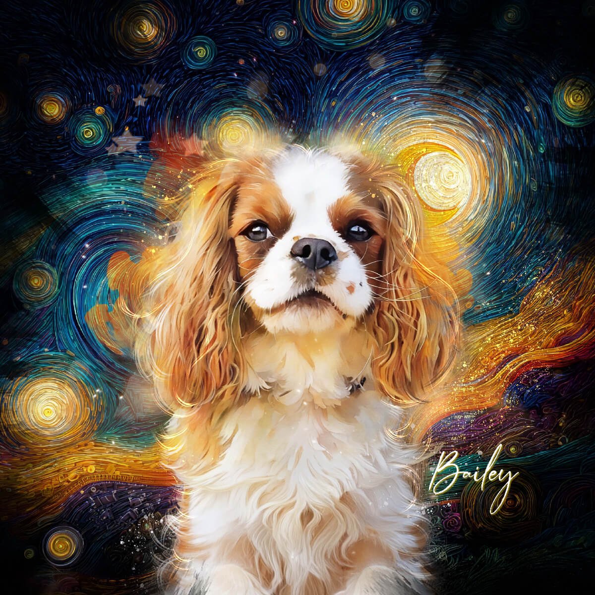 Pet portrait of a dog in a background of vibrant dreamy galaxy