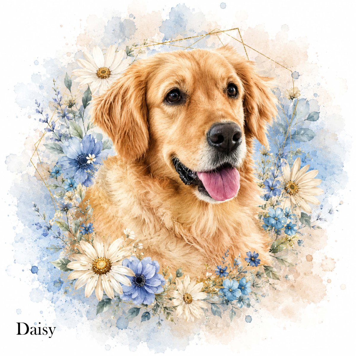 Custom watercolor style pet portrait canvas featuring a golden retriever in a modern floral 'in full bloom' aesthetic.