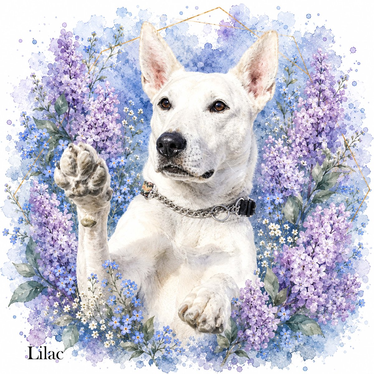 Custom watercolor style pet portrait canvas featuring a white shepherd dog in a modern floral 'in full bloom' aesthetic.