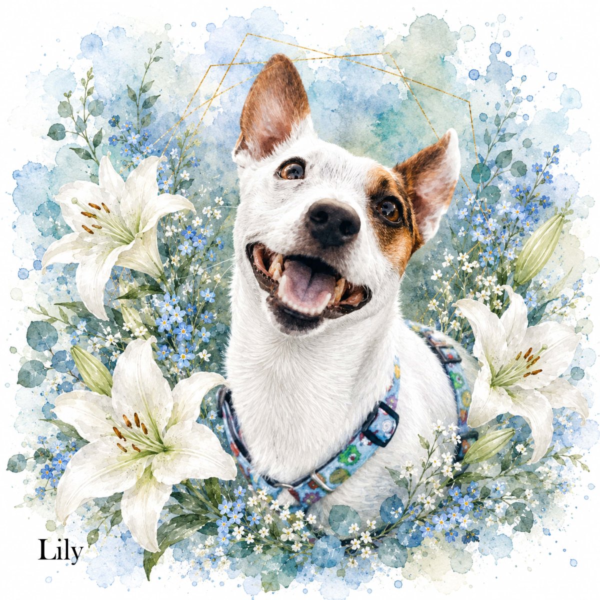 Custom watercolor style pet portrait canvas featuring a terrier in a modern floral 'in full bloom' aesthetic.