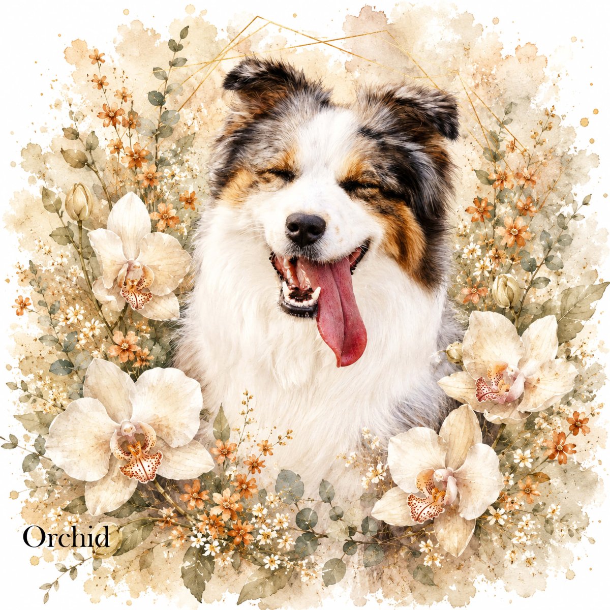 Custom watercolor style pet portrait canvas featuring a Australian Shepherd in a modern floral 'in full bloom' aesthetic.