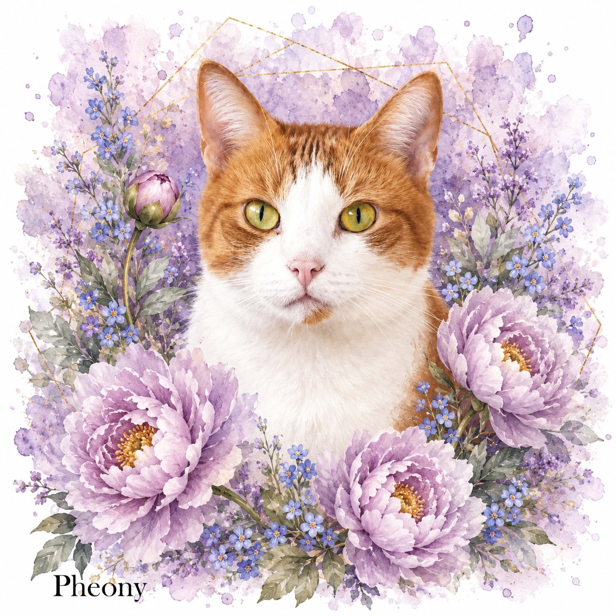 Custom watercolor style pet portrait canvas featuring a cat in a modern floral 'in full bloom' aesthetic.