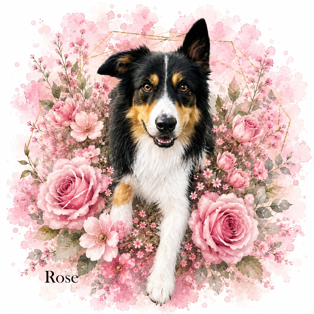 Custom watercolor style pet portrait canvas featuring a tricolor border collie  in a modern floral 'in full bloom' aesthetic.