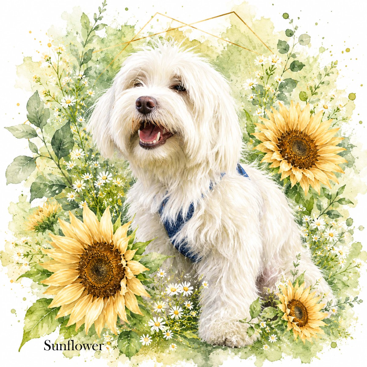 Custom watercolor style pet portrait canvas featuring a poodle in a modern floral 'in full bloom' aesthetic.
