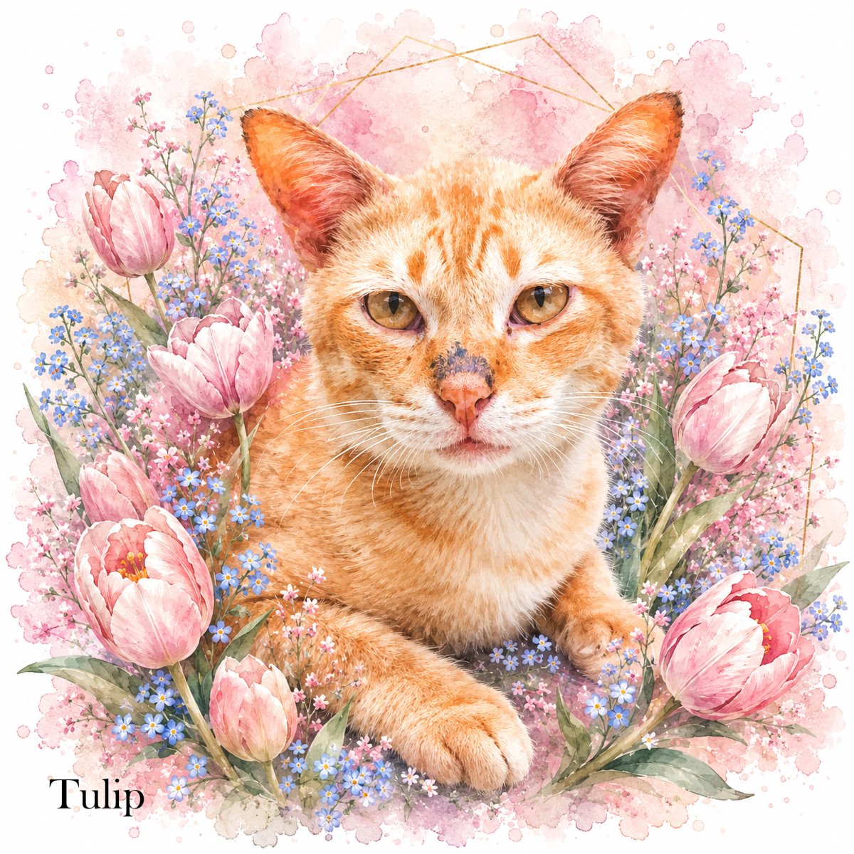 Custom watercolor style pet portrait canvas featuring a cat in a modern floral 'in full bloom' aesthetic.