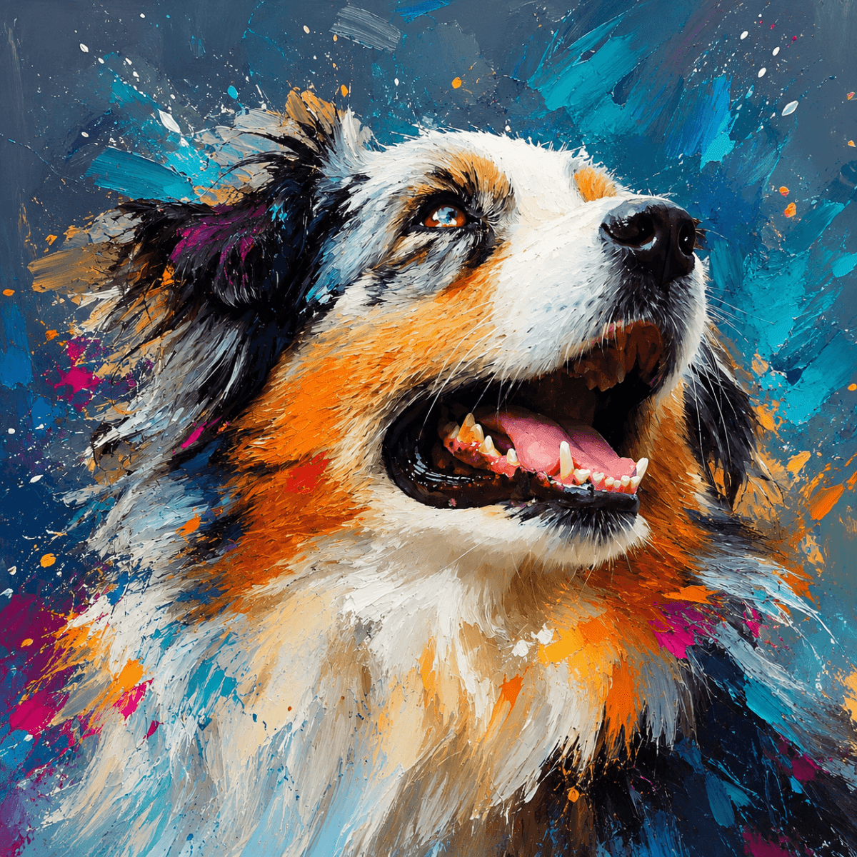 Vibrant blue custom pet portrait  featuring a border collie in a modern oil paint aesthetic.
