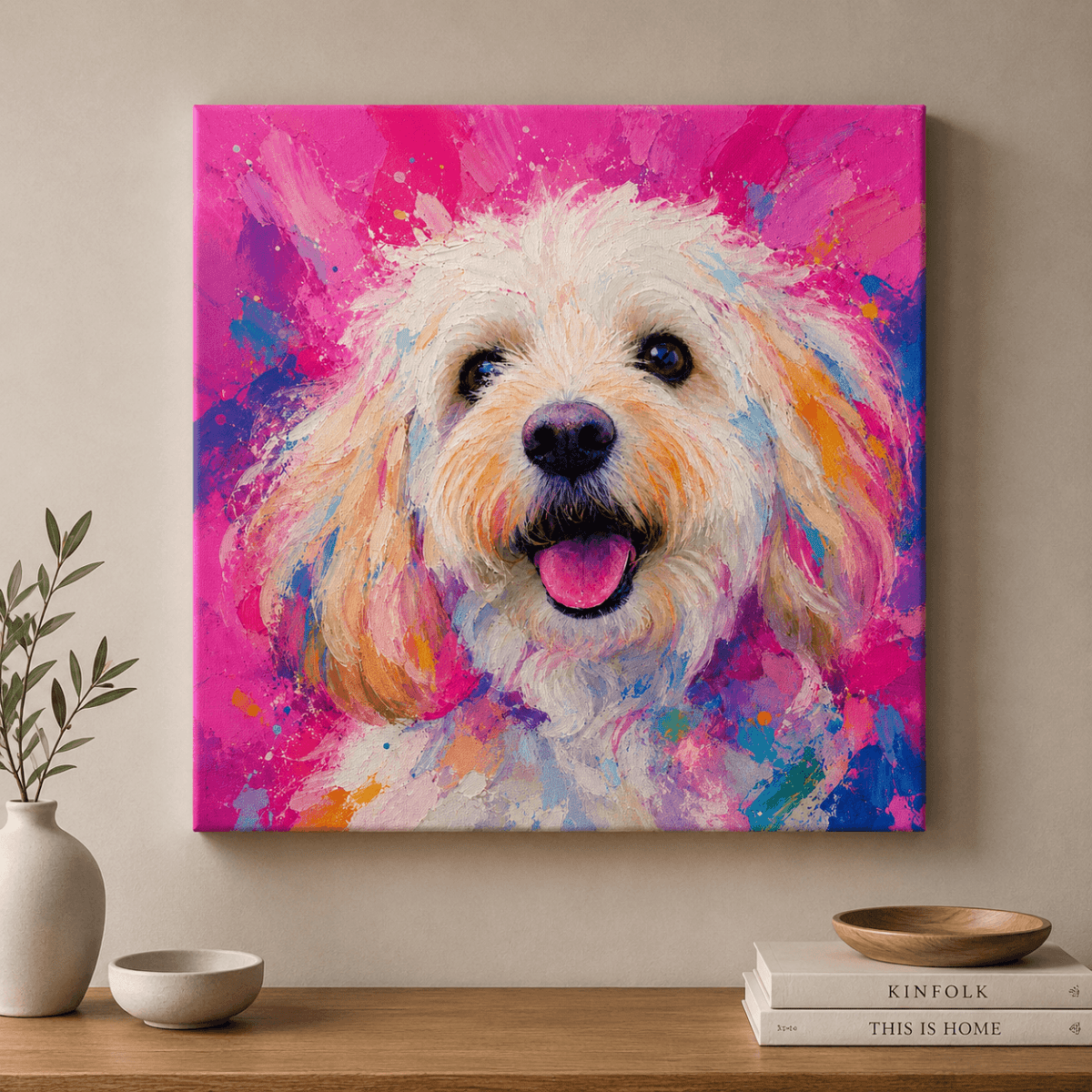 Vibrant pink custom pet portrait canvas featuring a poodle in a modern oil paint aesthetic.