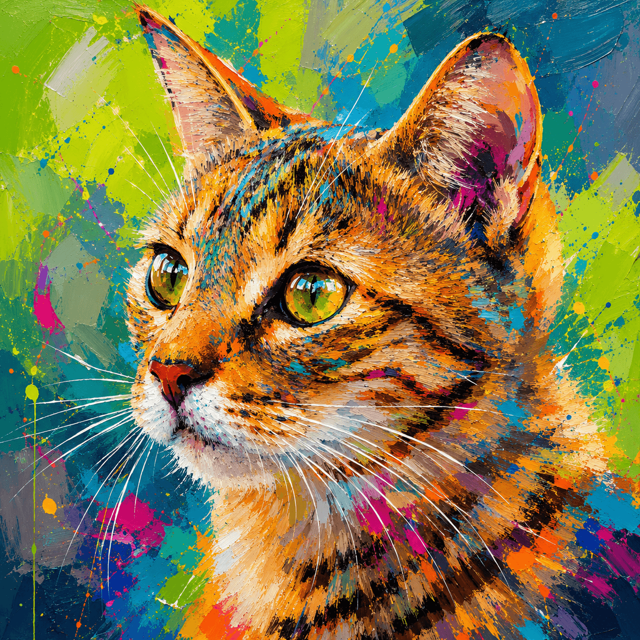 Vibrant green custom pet portrait  featuring a cat in a modern oil paint aesthetic.