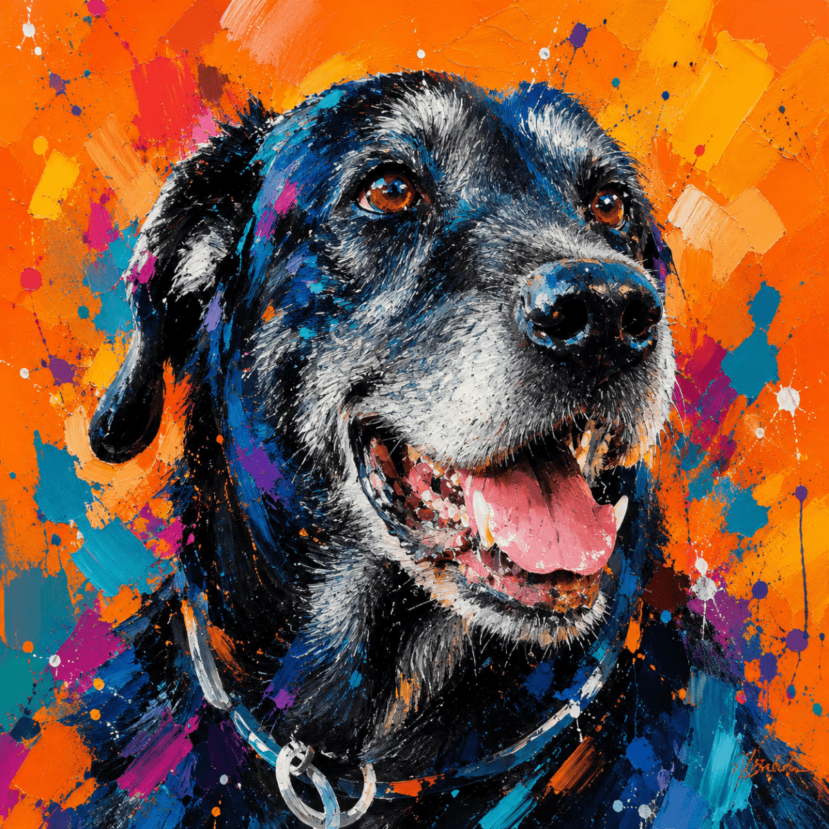 Vibrant orange custom pet portrait  featuring a black labrador  in a modern oil paint aesthetic.