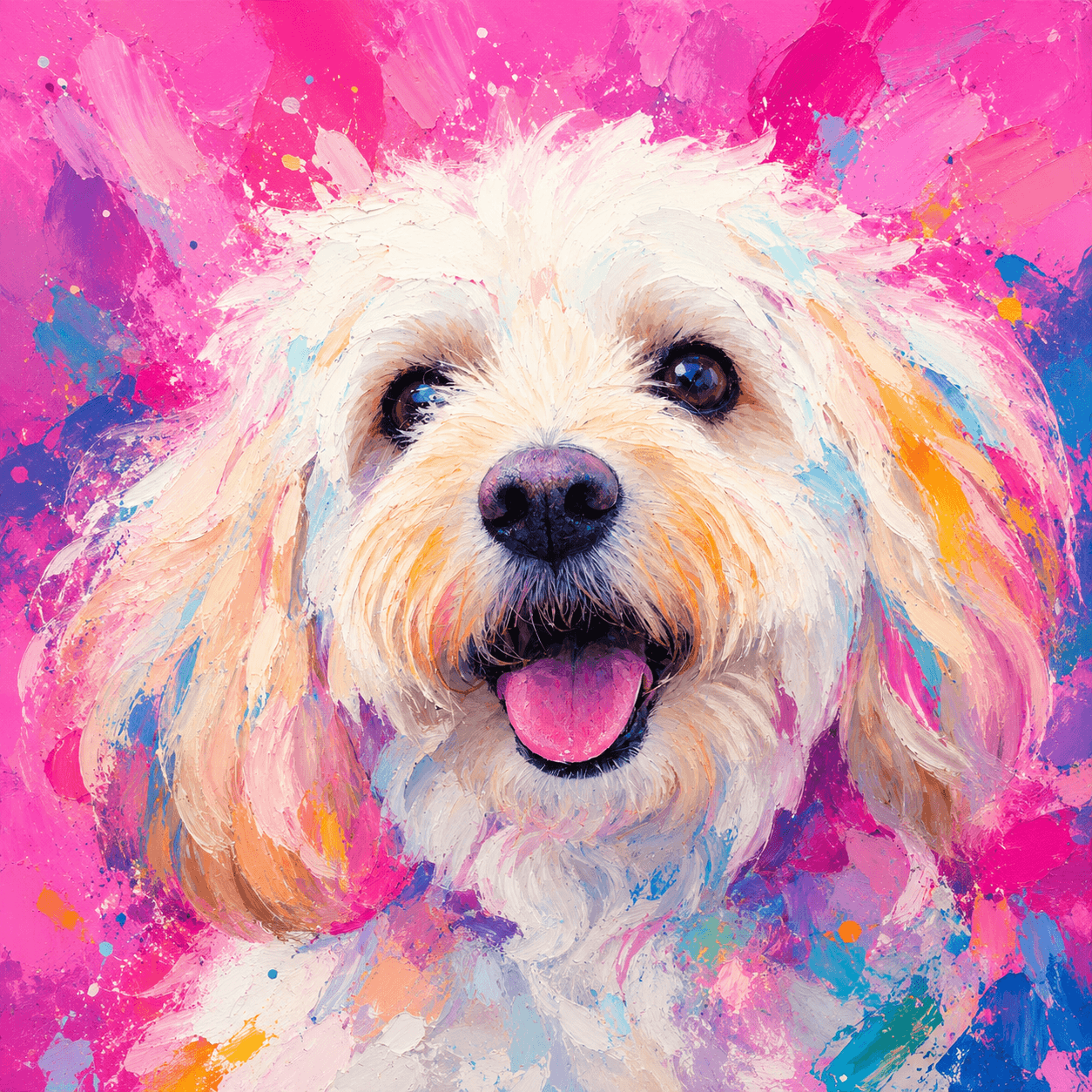Vibrant pink custom pet portrait  featuring a poodle in a modern oil paint aesthetic.