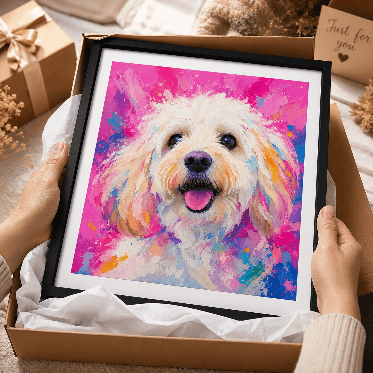 Vibrant pink custom pet portrait poster featuring a poodle in a modern oil paint aesthetic.