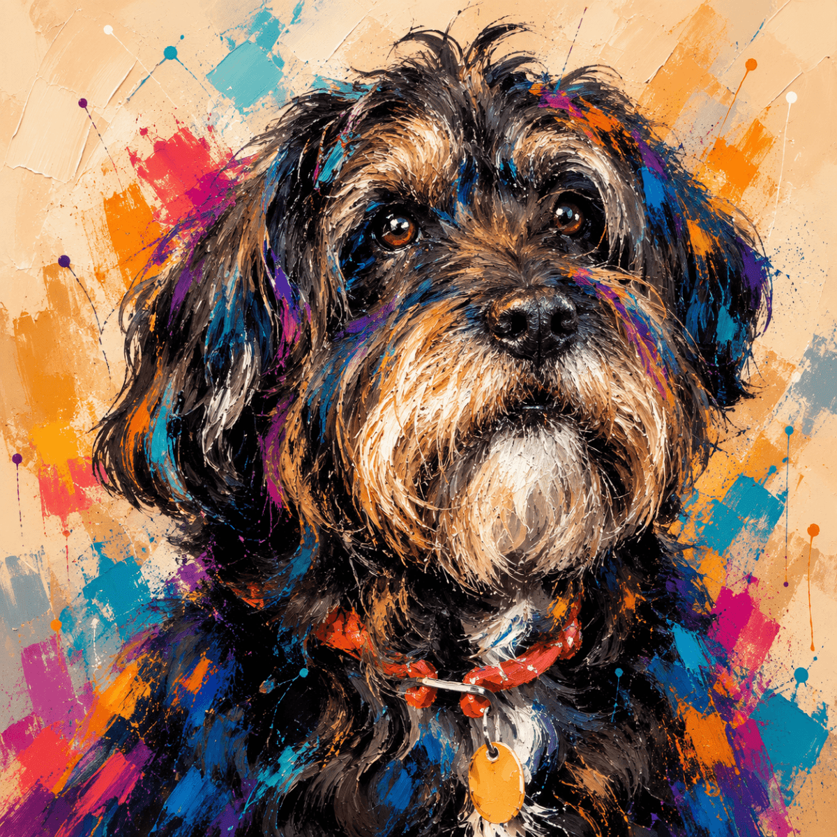 Vibrant beige custom pet portrait  featuring a black maltese in a modern oil paint aesthetic.