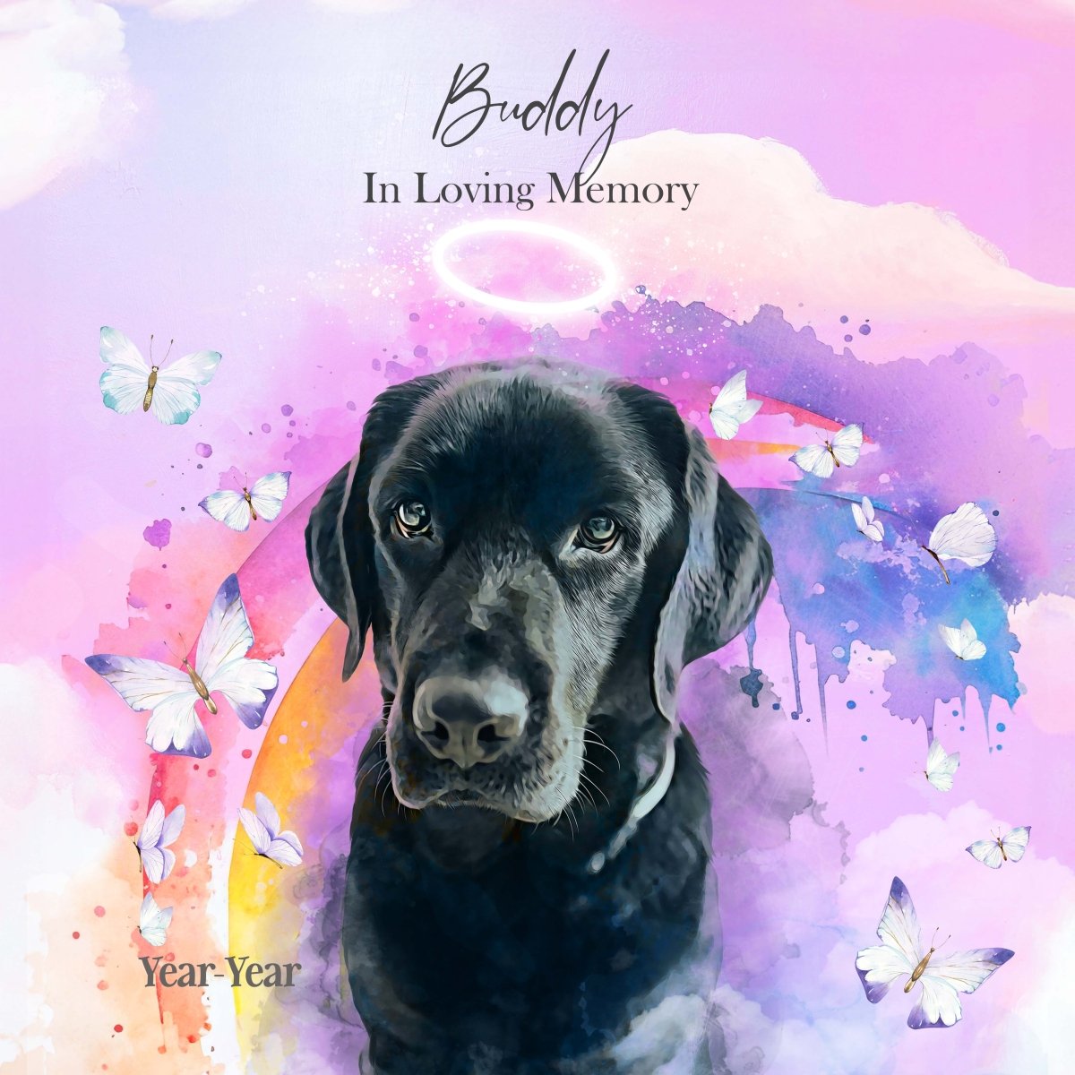 Custom watercolor style pet portrait featuring a black labrador in a modern rainbow bridge aesthetic