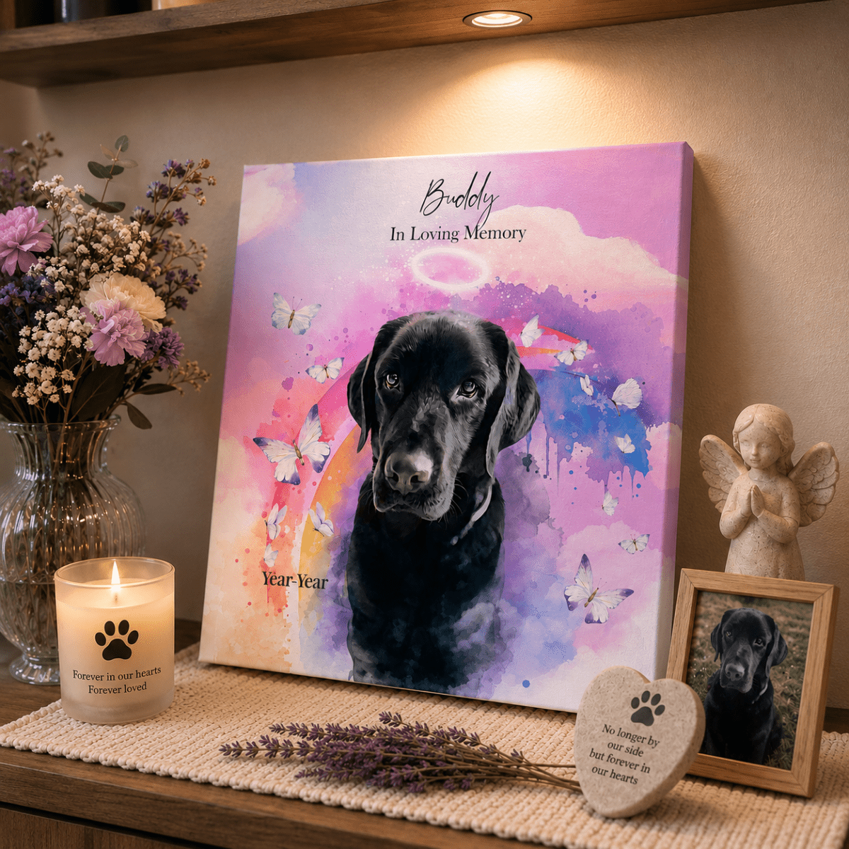 Custom watercolor style pet portrait canvas featuring a black labrador in a modern rainbow bridge aesthetic