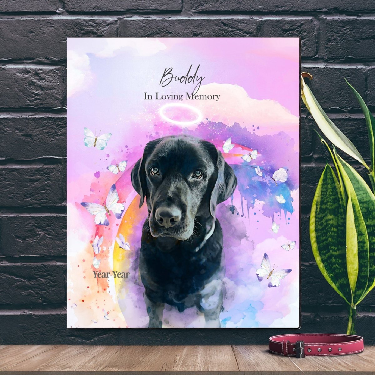 Custom watercolor style pet portrait poster featuring a black labrador in a modern rainbow bridge aesthetic