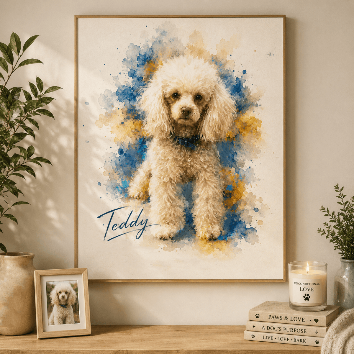 Custom watercolor style pet portrait poster featuring a poodle in a modern wild pastel aesthetic