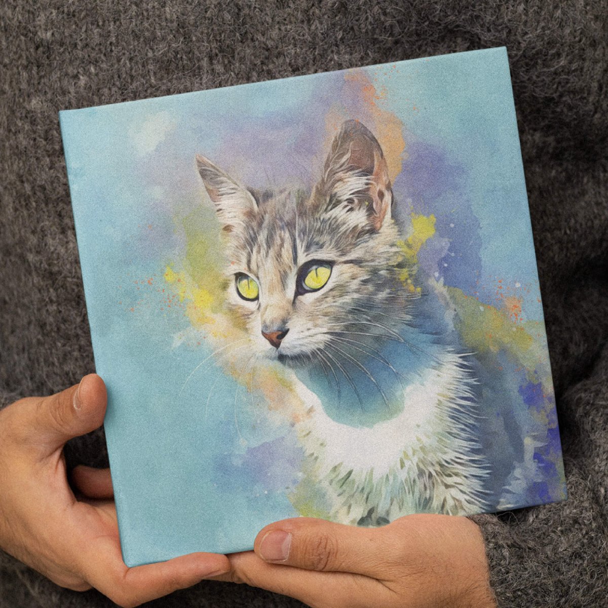 Custom watercolor style pet portrait canvas featuring a cat in a modern wild pastel aesthetic