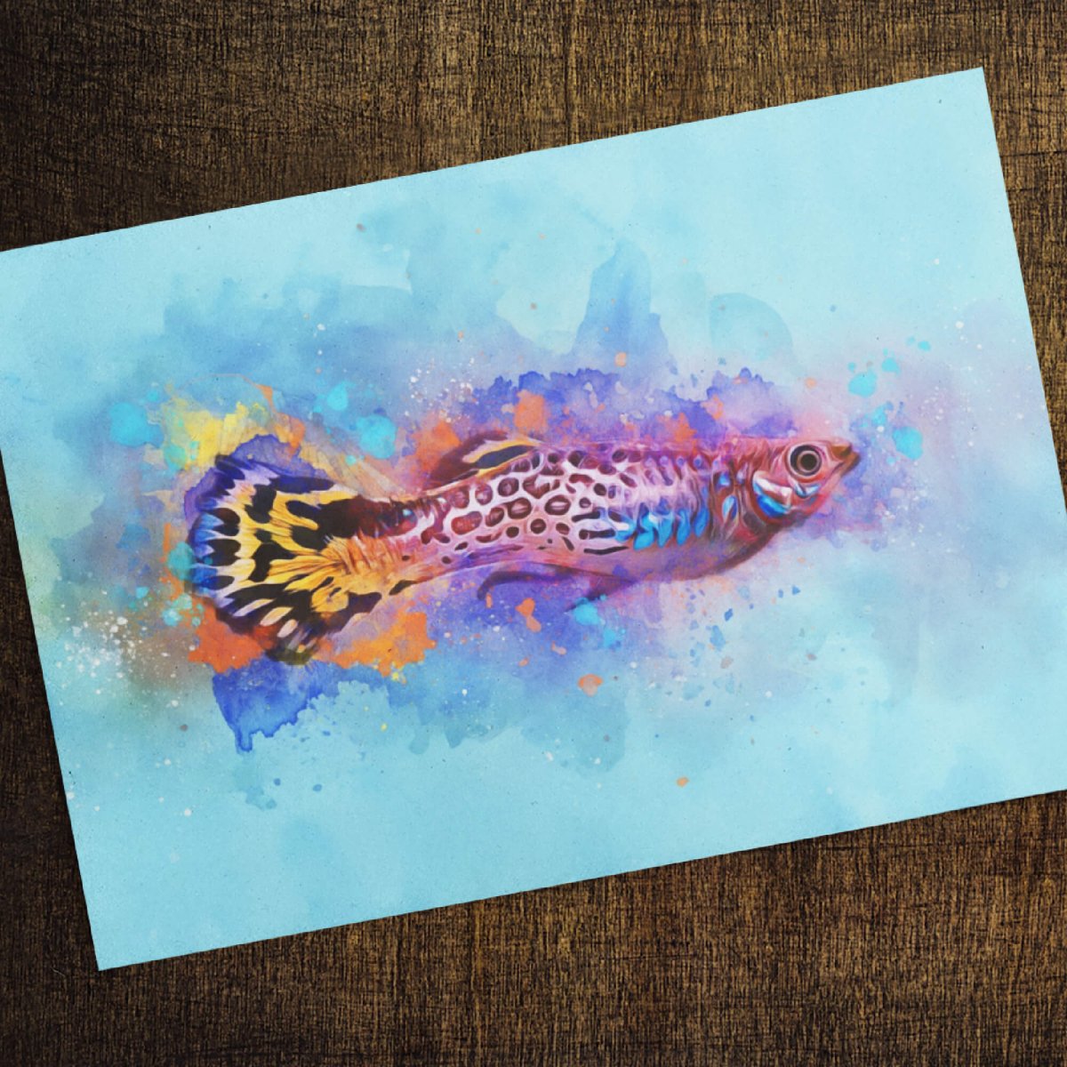 Custom watercolor style pet portrait canvas featuring a guppy fish in a modern wild pastel aesthetic