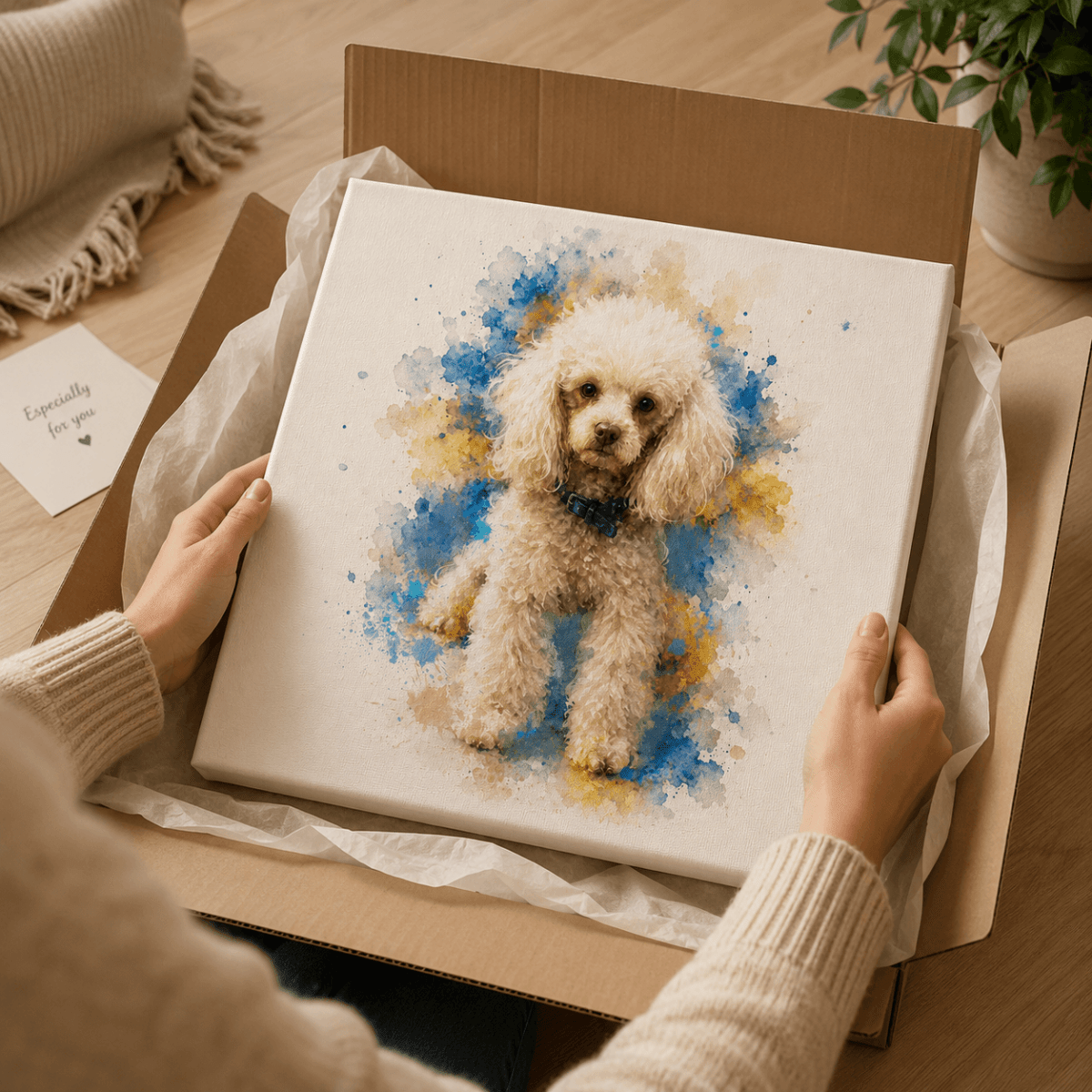 Custom watercolor style pet portrait canvas featuring a poodle in a modern wild pastel aesthetic