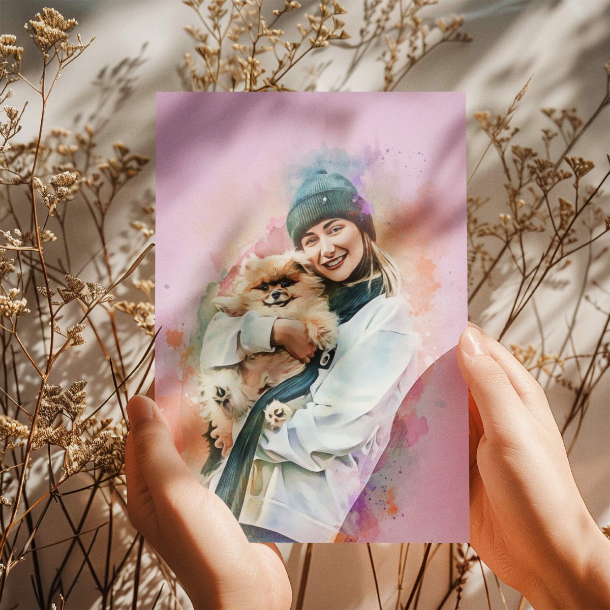 Custom watercolor style pet portrait canvas featuring a girl with a fluffy dog in a modern wild pastel aesthetic