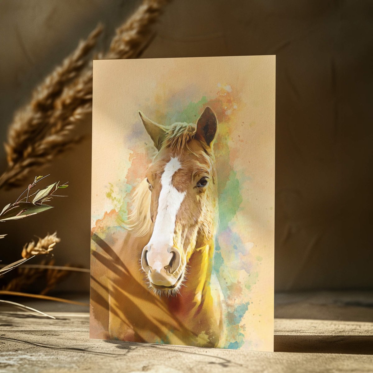 Custom watercolor style pet portrait canvas featuring a horse in a modern wild pastel aesthetic
