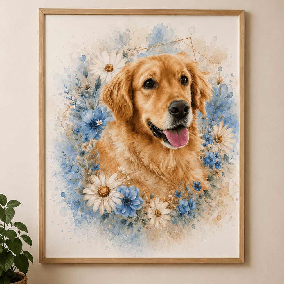 Custom watercolor style pet portrait canvas featuring a golden retriever in a modern floral 'in full bloom' aesthetic.